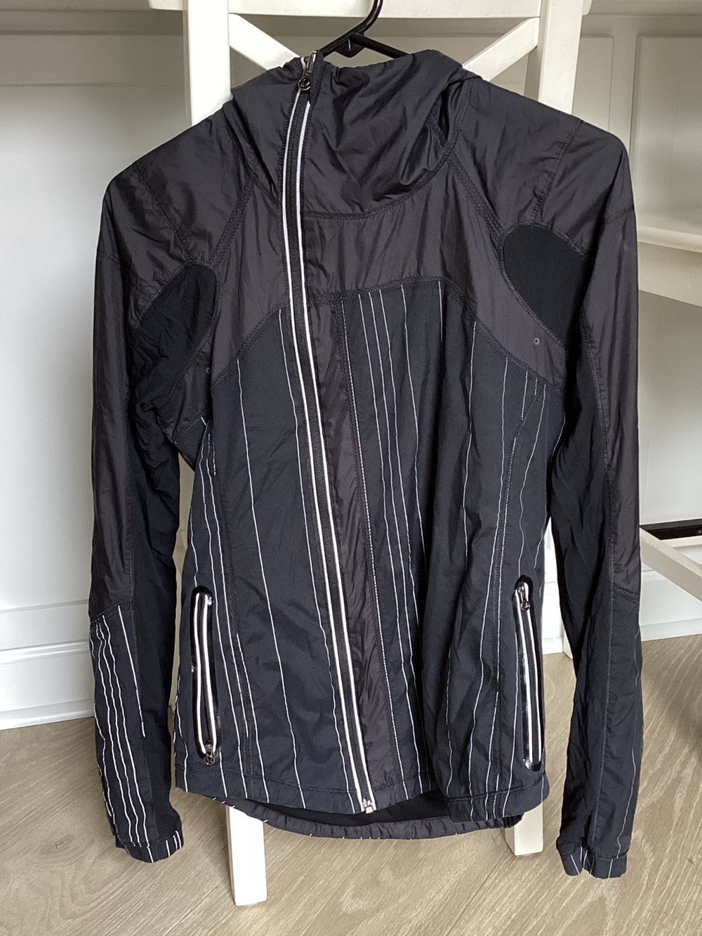 lululemon athletica Black Hooded Windbreaker with reflective pinstripes